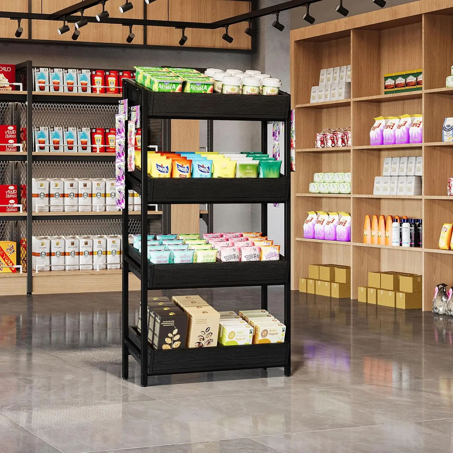 Tribesigns 4-Tier Retail Display Rack Stand, Wooden Snack Candy Rack, Wood Chips Shelf, Chips Rack Display, Heavy-Duty Wood