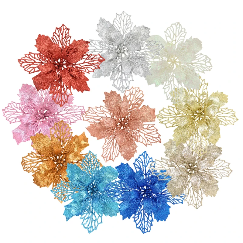 Artificial Glitter Flower Cabeça para árvore de Natal, ornamento flor, decoração de casa, DIY grinalda suprimentos, ano novo, 9-16cm, 5pcs