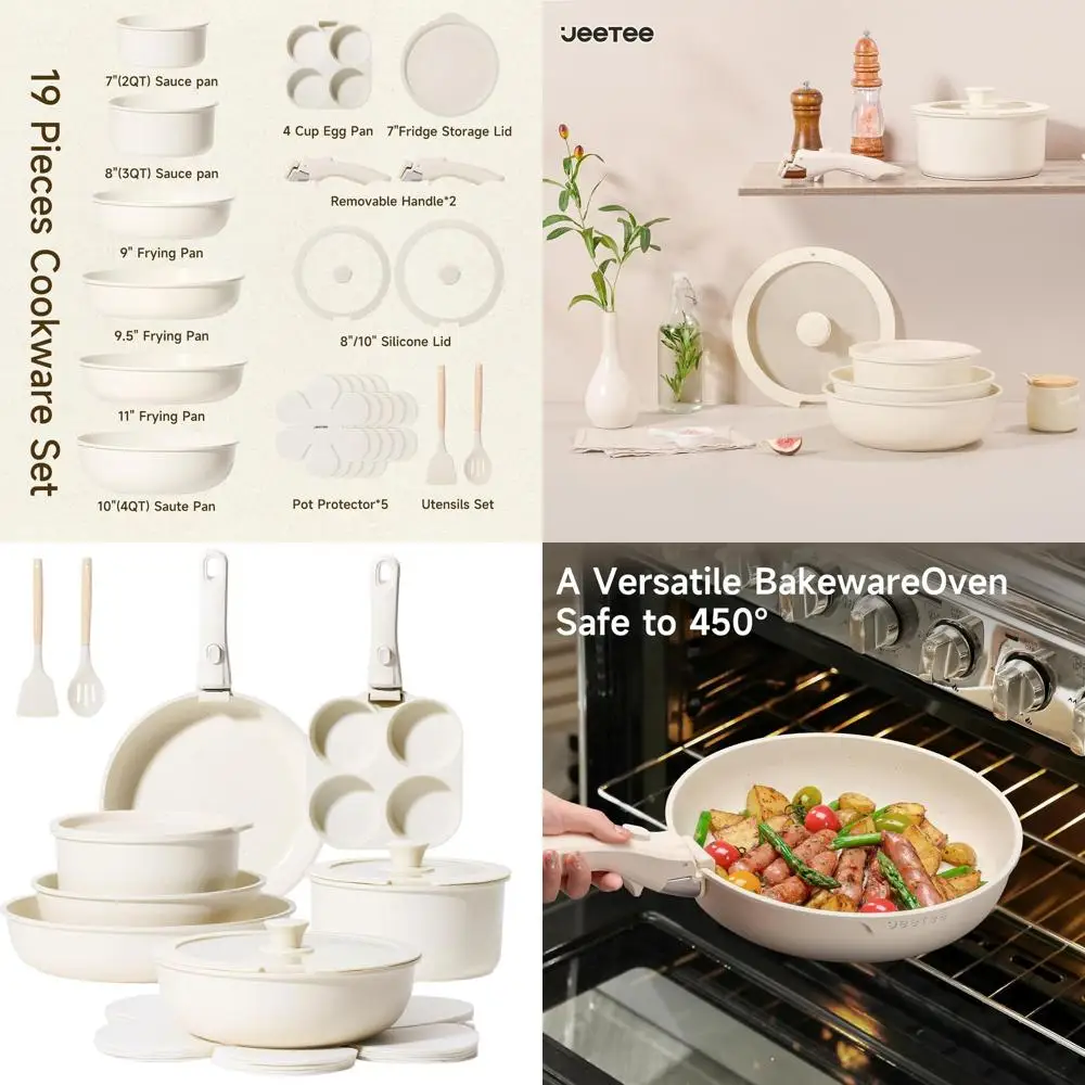 

19-Piece Non-Stick Detachable Handle Cookware Set, Stackable RV-Friendly, Oven Safe, PFAS/PFOA Free, Beige