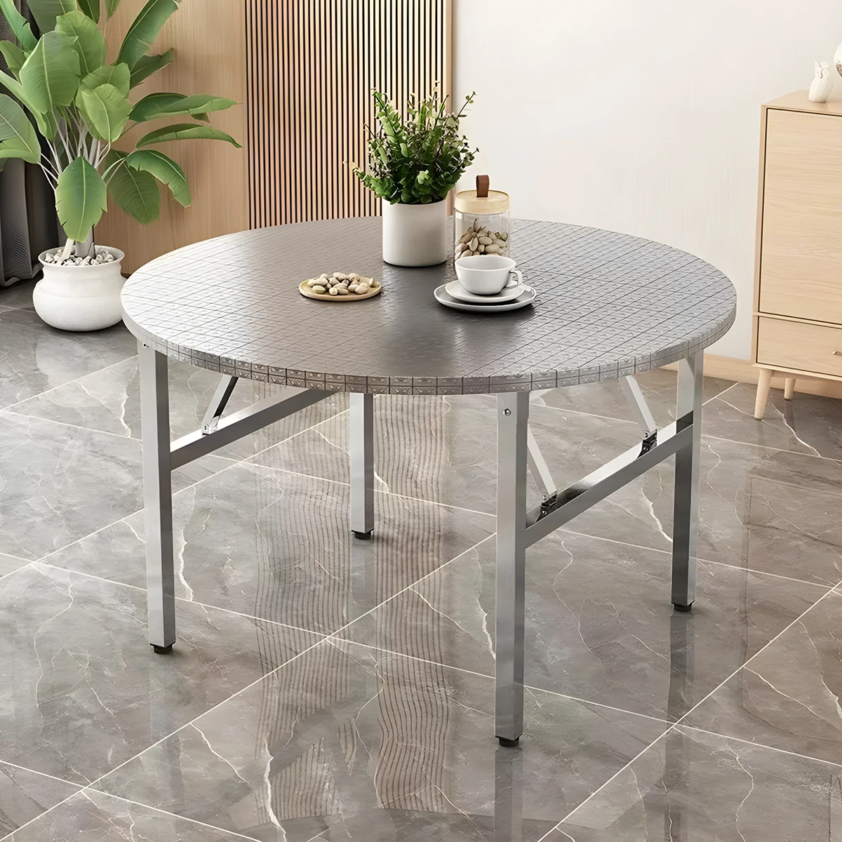 Modern Hotel Furniture Folding Round Table Outdoor Barbecue Banquet Home Dining Table Rental Room Stainless Steel Dinner Tables