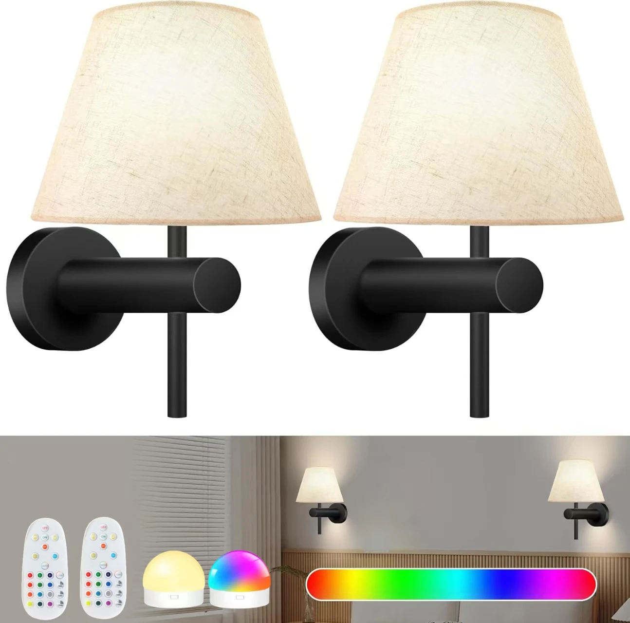 

2 Pack Rechargeable RGB Wall Lights with Dimmable Bulbs Remote15 Colors Wireless Wall Lamps Battery Operated Wall Sconces