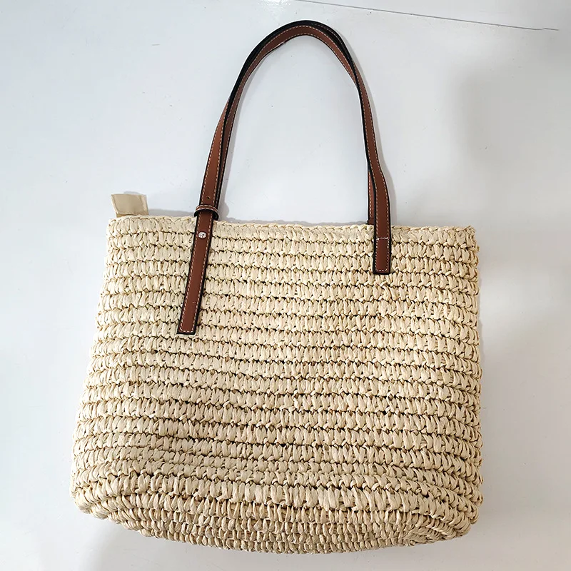 Straw Handbag Basket Female Fashion Trendy Simple Bucket Beach Bag Hand-woven Straw Woven Bag Travel Picnic Woven Basket