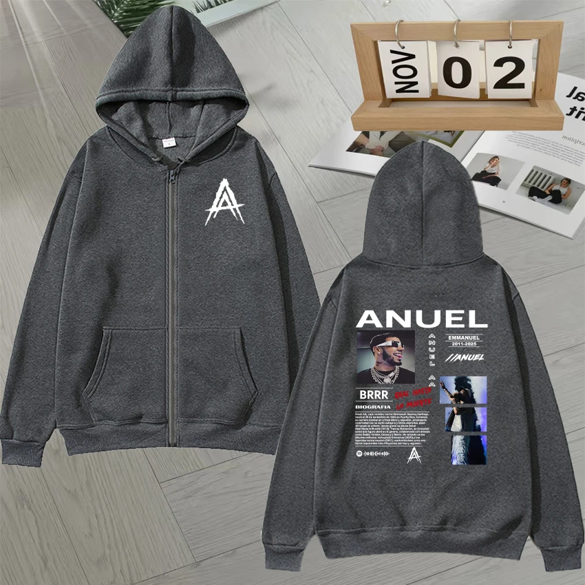 High Quality Zipper Hoodie Rapper Anuel AA Graphic  Double Sided Print Album Fleece Zip Up Sweatshirt Men Women Pullover Unisex