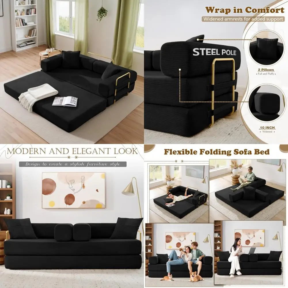 Modern 3-Seater Corduroy Foam Futon Sofa Bed, King Size Fold Out Sleeper Lounge Loveseat for Comfortable Relaxation