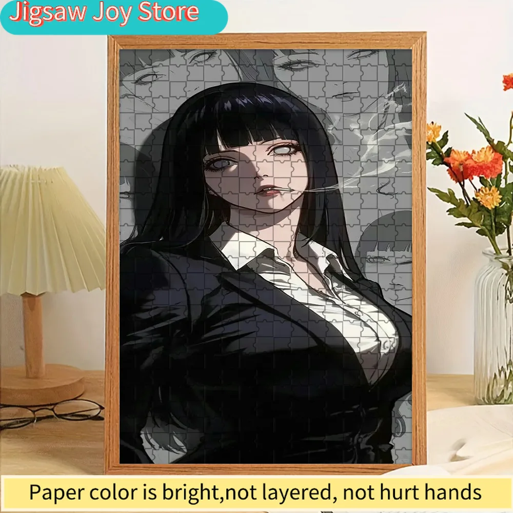 

Anime Girl in Black Blazer with Cigarette Collage Paper Puzzle, Cool Anime Art of a Confident Female Character with Long Black H