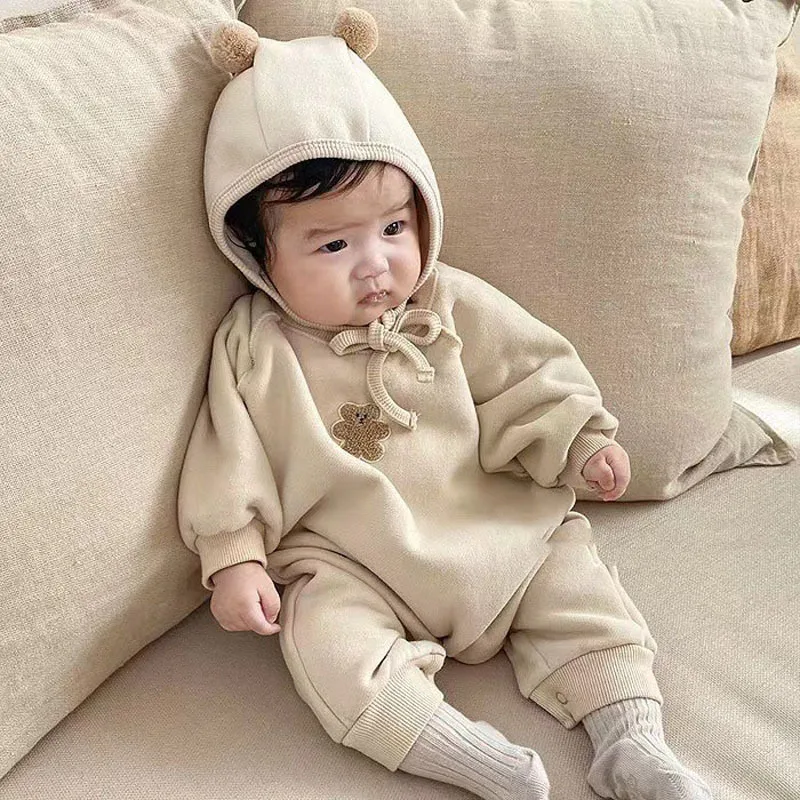 2025 Winter New Baby Cute Bear Fleece Romper + Hat Infant Girl Plus Velvet Thick Jumpsuit Cotton Newborn Warm Clothes 0-24M
