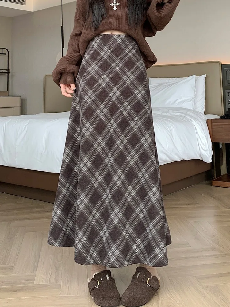 Retro Krata Wełniana Spódnica Midi w Kształcie Litery A z Wysokim Stanem Wyszczuplająca Rozmiar Plus Size dla Wysokich Kobiet Jesień Zima Koreański Styl Dojazdy do Pracy