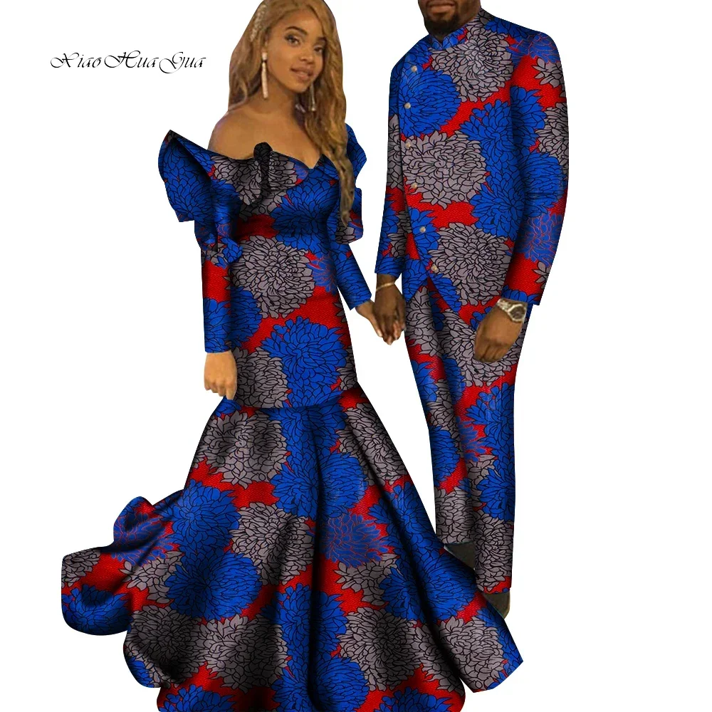 African Couple Clothes Suits Long Maxi Dresses for Women African Men Pants Suits Set Matching Clothing for Party Wedding WYQ748