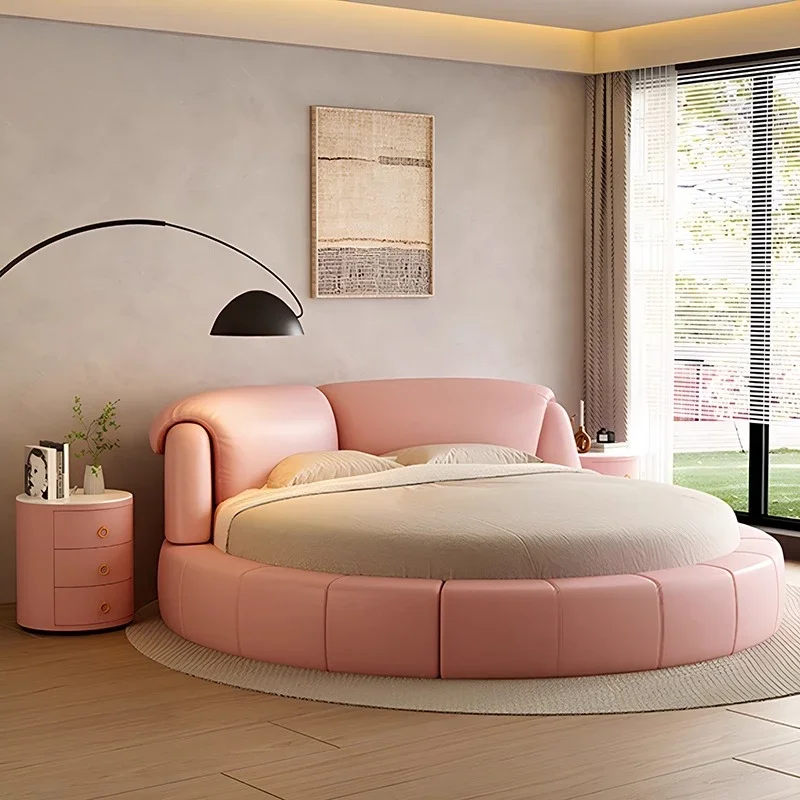 Home 180 200 220 cm Luxury modern genuine leather Round Double bed full size bed frame bedroom beds frames bedroom furniture