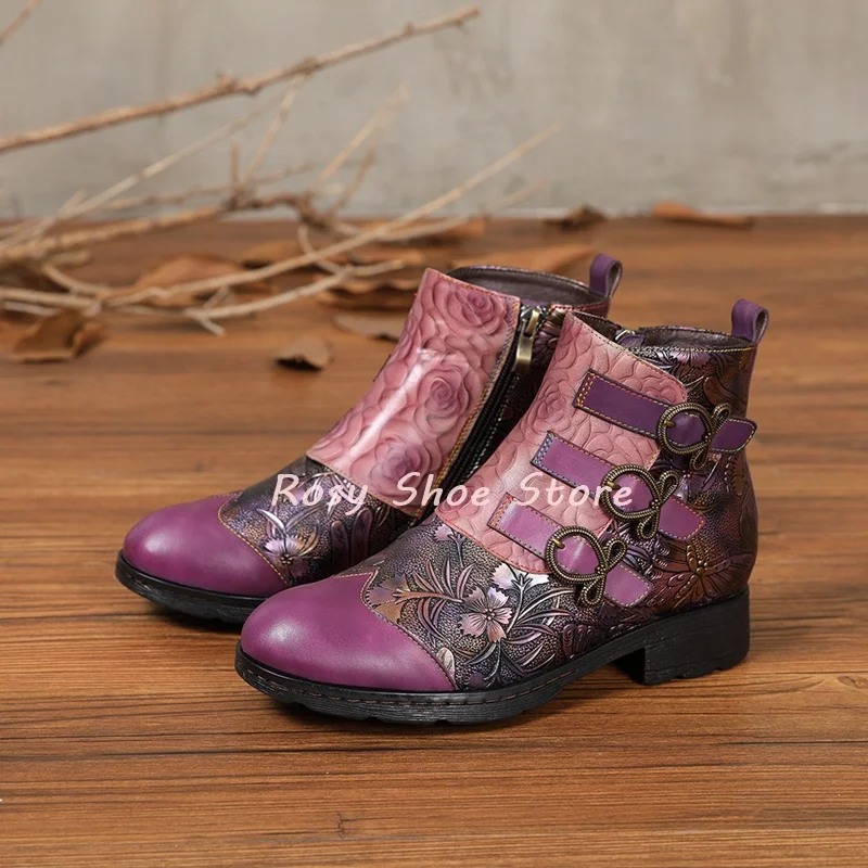 

Vintage Painted Manual Carved Patterns Round Toe Women's Exquisite Ankle Boots Fashion Buckle Design Side Zip Flat Ankle Boots
