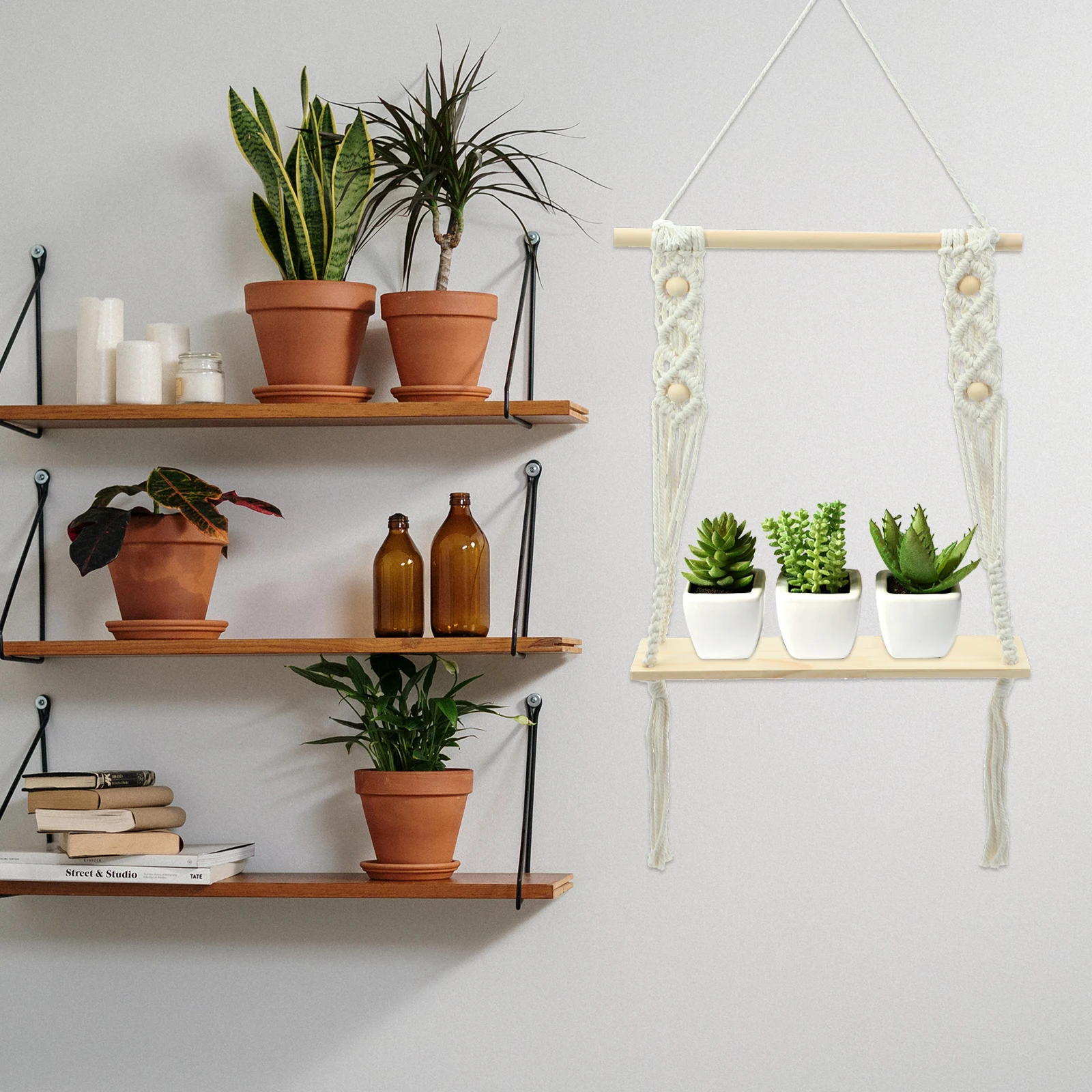 

Macrame Hanging Shelf Wooden Bohemian Floating Shelf Indoor Wall Plant Pot Holder Decorative Tassel Hanging Flower Pot Holder