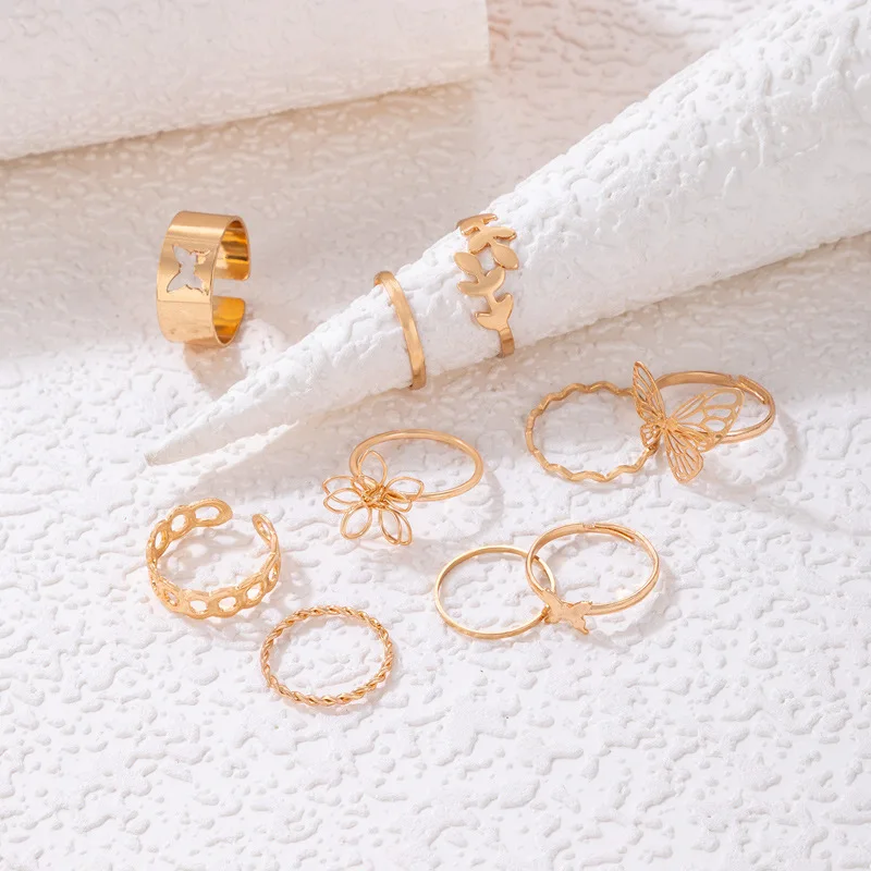 Conjunto de anillos huecos trenzados geométricos para mujer, Set de 10 piezas de flores, hojas de mariposa, abalorio para mujer, regalo de joyería