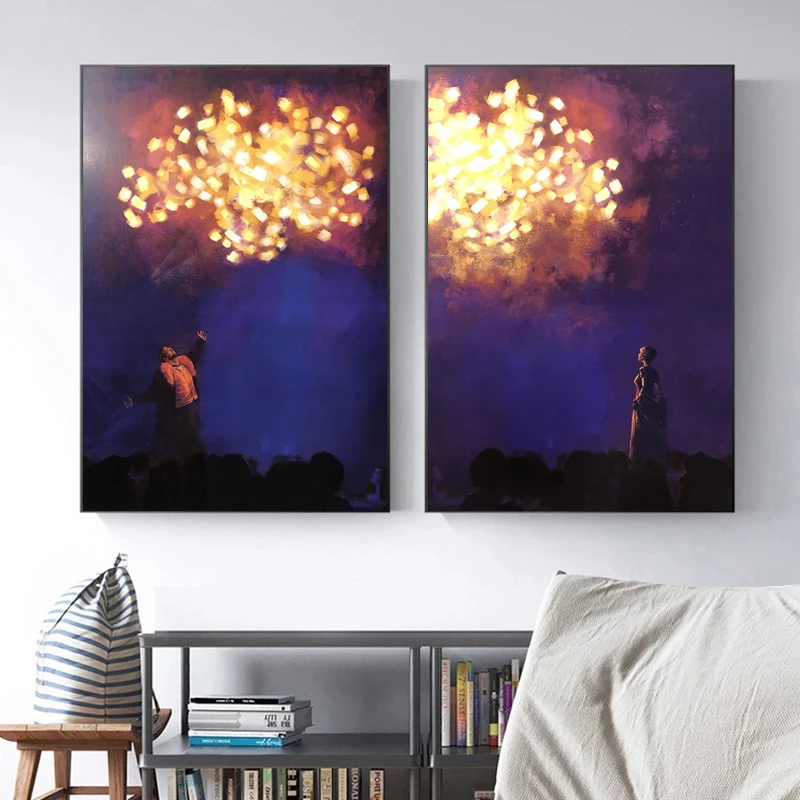 Men and Women Under Fireworks Posters and Prints Cartoon Character Canvas Painting Wall Art Pictures Home Bar Room Decoration