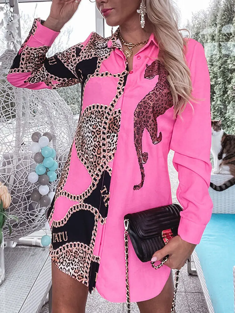 

Summer Women Casual Loose Daily Wear Long Sleeve Pink Tops Turn-down Collar Cheetah Chain Print Colorblock Longline Shirt