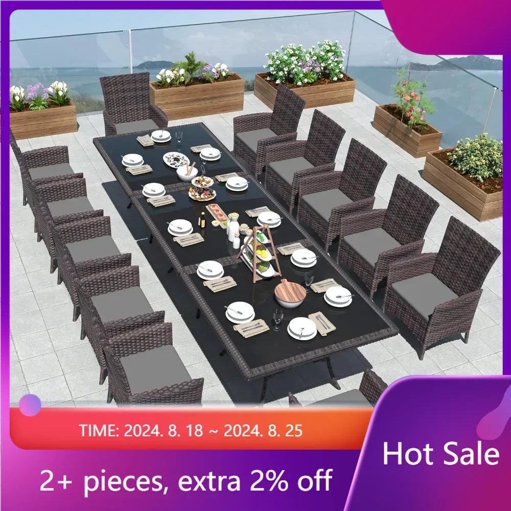 

Wicker Patio Furniture Set of 12 Rattan Chairs With Soft Cushions and Two Square Table With Umbrella Cutout Dining Room Sets