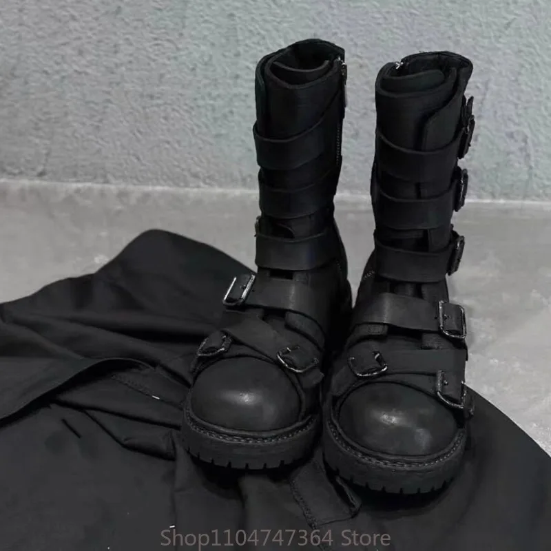 British Classic Fashion Motorcycle Mid Calf Boots Men's Shoes Genuine Leather Work High Top Youth Round Toe Chelsea Boots Male