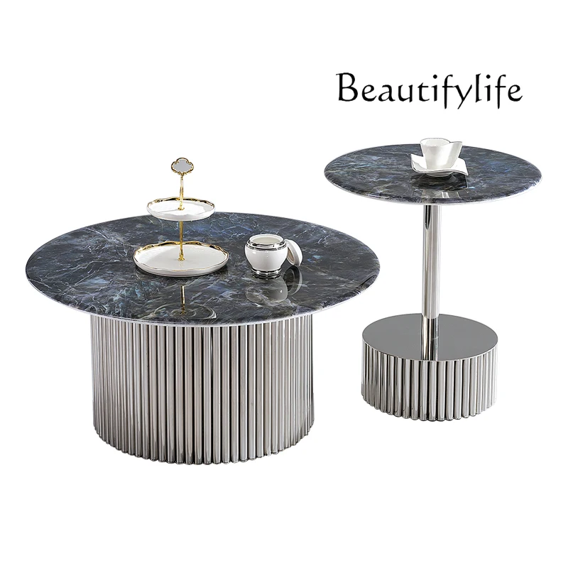 Italian Stone Plate Light Luxury Coffee Table Living Room Simple Small Apartment Size round Tea Table Combination