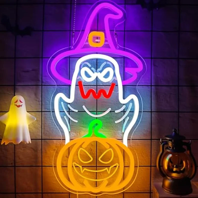 ハロウィンゴーストと魔女帽子のネオンサイン、usb調光可能な壁飾り、ライトアップサイン、不気味なブー、ハロウィンパーティー、窓用ライト
