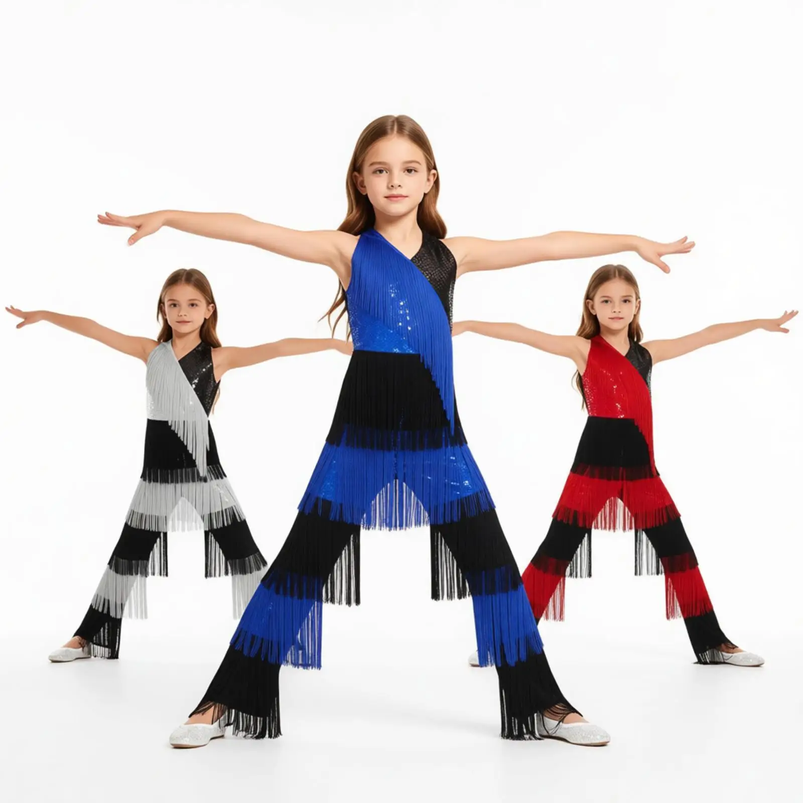 

Girls Latin Dance Halter Strapy Fringed Bodysuit Disco Costume Tassel Romper Sequin Jumpsuit Jazz Stage Performance Dancewear