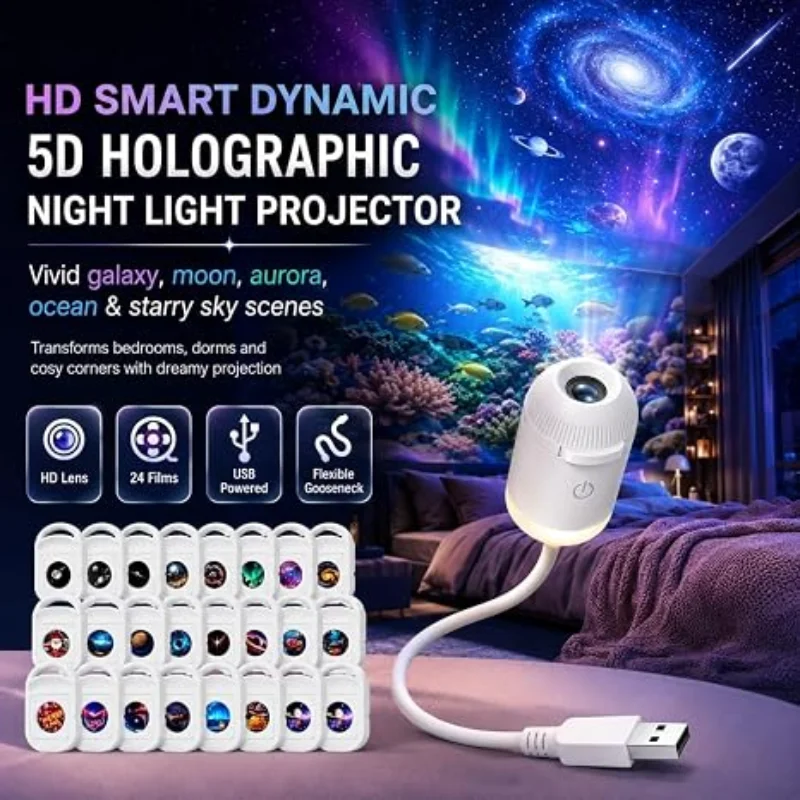 New Intelligent Holographic Night Light Projector Plug Play Hd Star Projector 360° Adjustable Galaxy Ocean Lamp Bedroom Ceiling