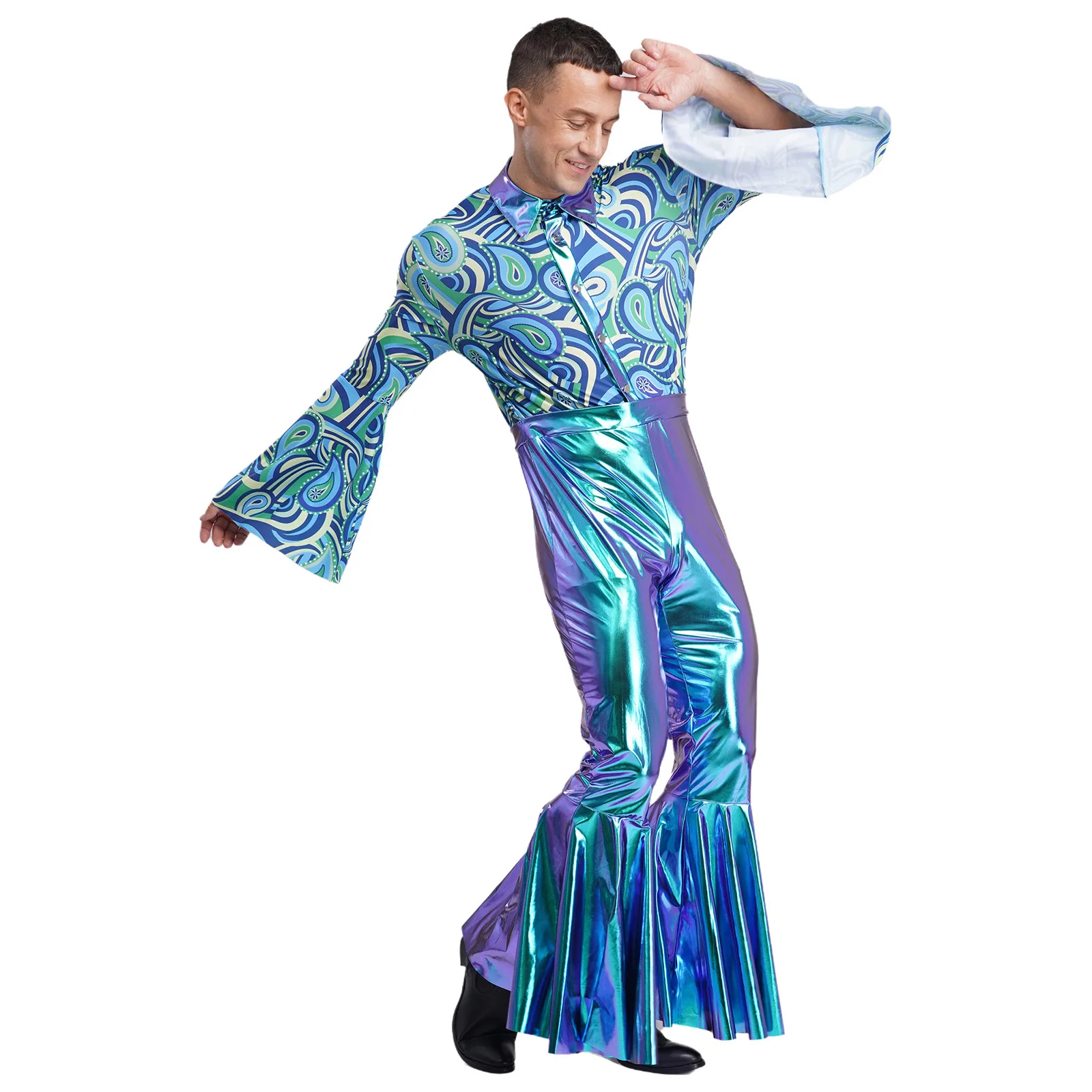 

Men's Fashion Disco Jazz Party Dance Jumpsuit Flared Sleeves Metallic Bodysuit for Party Club Raves Dance Performance Outfits
