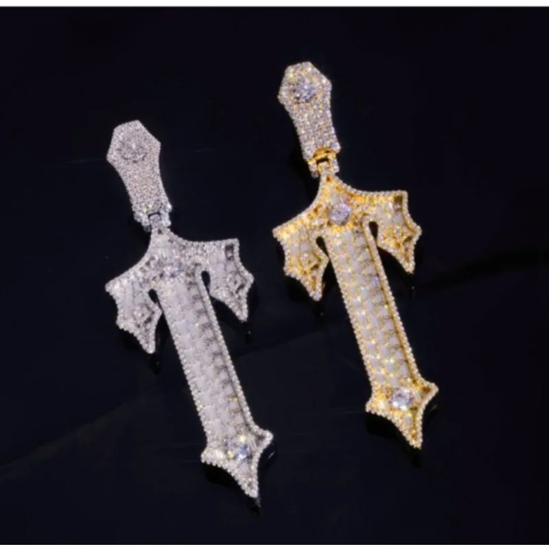 

LYEE CYEE Hip-Hop Sword Earrings: S925 Silver & Gold Dual-Tone, Fully Iced with Moissanite. A Bold "Bamboo" Inspired Streetwear