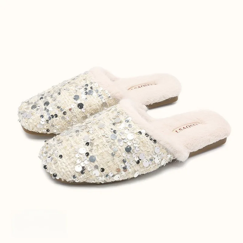 Women Sequin Closed Toe Mule Slippers, Fuzzy Lining Thick Sole Anti Slip House Shoes, Glitter Soft Indoor Bedroom Home Slippers