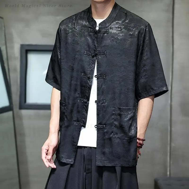 Men Ice Silk Satin Tang Style Shirt 2026 Summer Frog Buttons New Chinese Loose Plus Size Casual Hanfu Blouse Plus Size 6XL