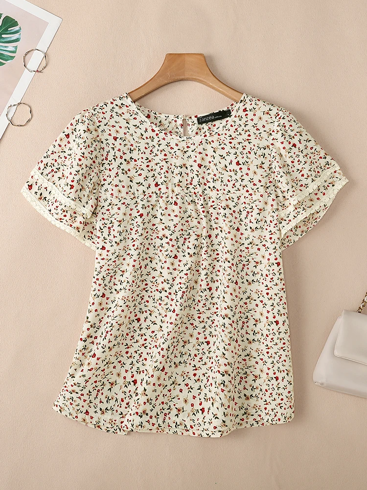 ZANZEA Korean Fashion 2024 New Blouses O Neck Lace Panel Short Sleeve Loose Casual Floral Print Blusas Women Elegant Tunic Tops