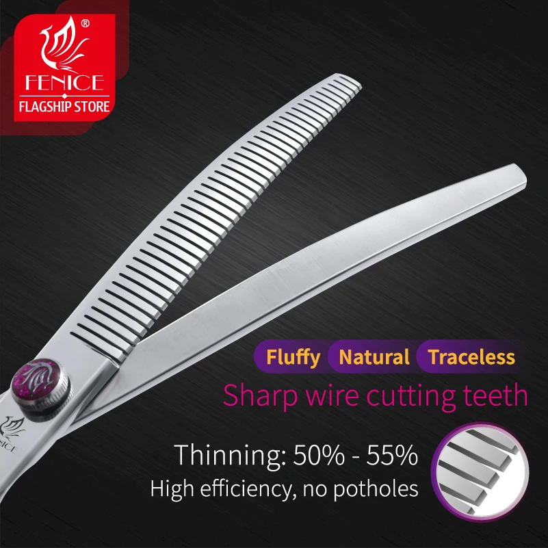 Fenice Professional 6.5/7.0/7.5 inch Curved Thinning Scissors Fluffy Shears JP440C Dog Hairdressing Purple High Screw