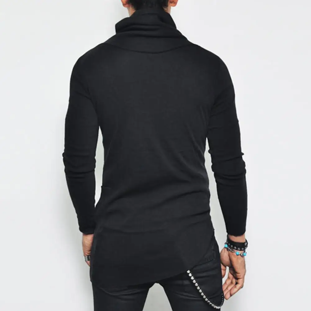 Spring Fall Men Pullover Top Irregular Hem Mid Length Stacked Collar Slim Elastic Sweatshirt Long Sleeves Pullover Street Style