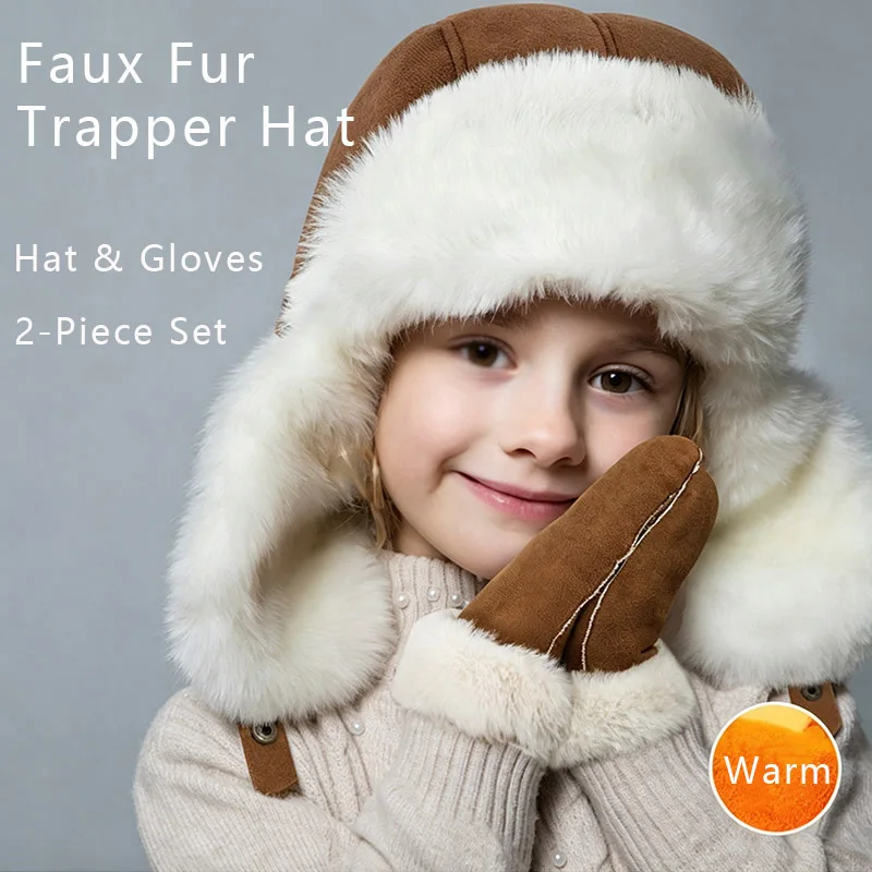 Faux Fur Kids Trapper Hat with Mittens 2Pcs Set Thick Plush Ear Protection Hat Windproof Ski Cycling Snow Cap for Children