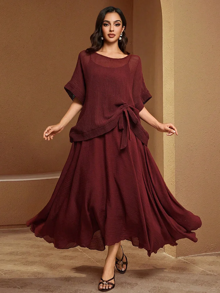 TOLEEN New Women's Elegant Burgundy A-Line Long 2 Pieces Dress Set, Round Neck, Pleated Details, Non-Stretch Fabric, Regular Hem
