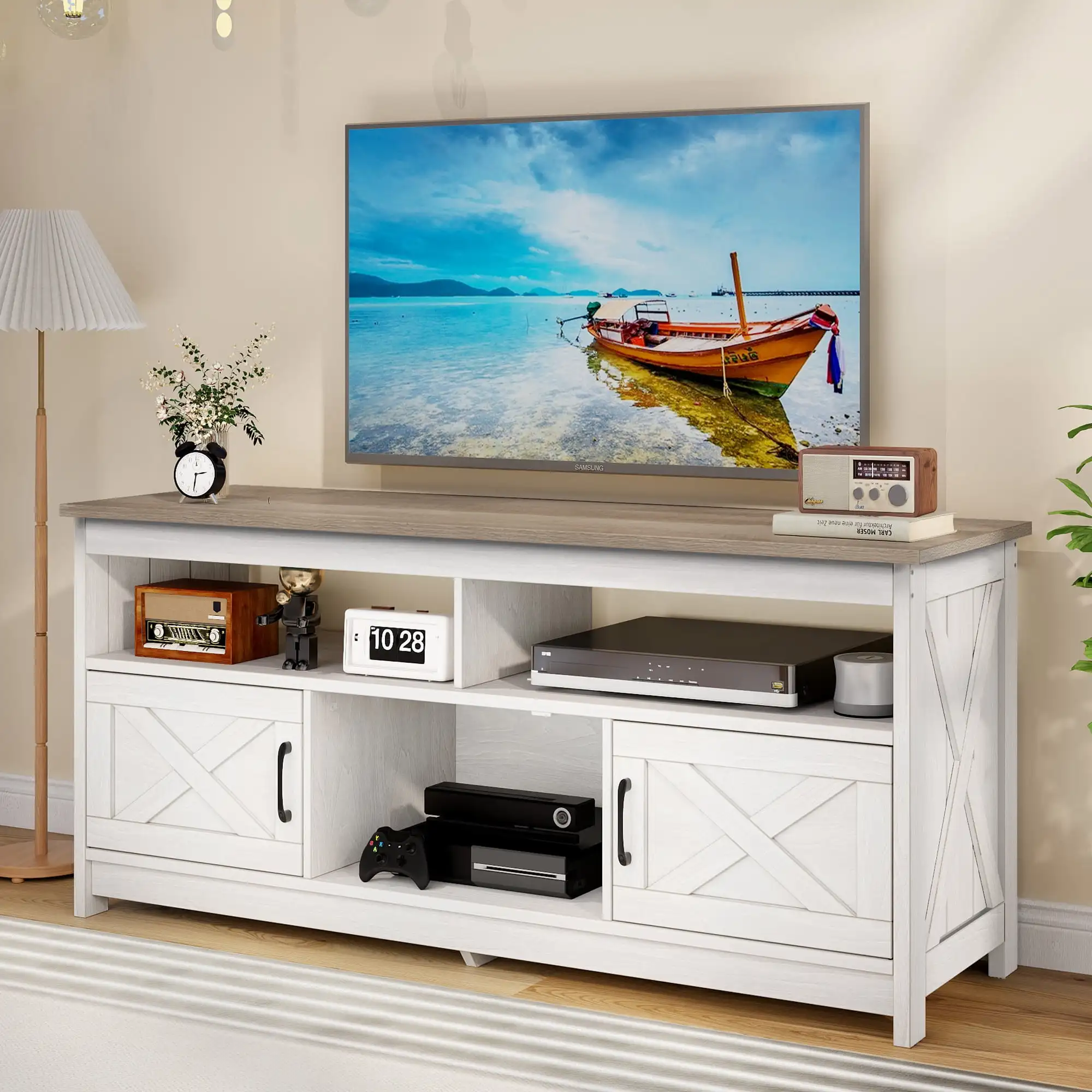 Farmhouse TV Stand up to 65 inch with Power Outlet Media Console with Storage Shelves Grey Wash Robust Structure