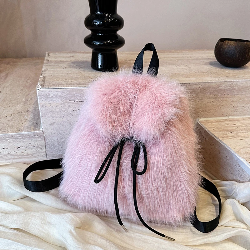 Winter Fluffy Faux Fur Backpack for Women Cute Drawstring Bucket Bag Fashion Plush Multifunctional Shoulder Crossbody Purse