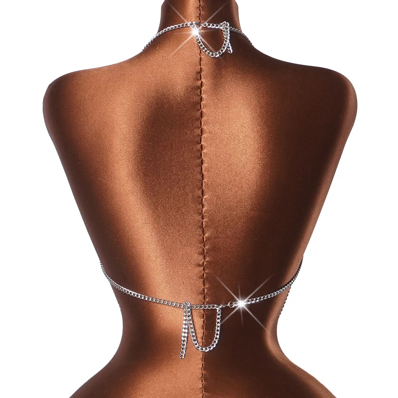 Damen Strass-Körperkette Top mit Neckholder, mehrschichtiges Kristall-Harness-Crop-Top, sexy Edelstein-Cami-Set für Damen – Detail 10