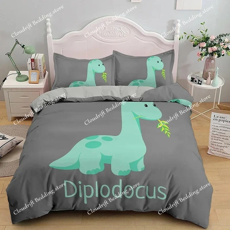 BCartoon Dinosaur Duvet Cover King Queen Size Jurassic World Theme Bedding Set for Kids Boys Ancient Animal Polyester Quilt Cove