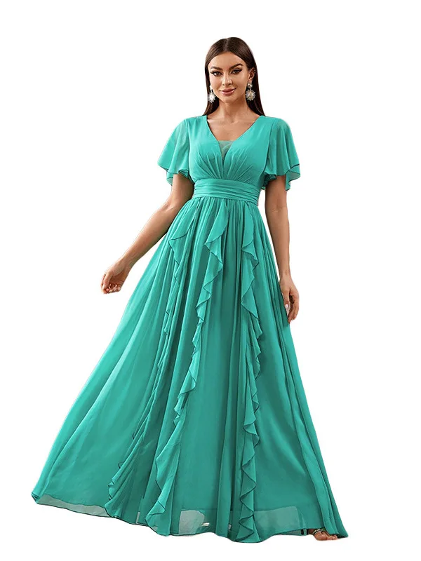 Elegancka sukienka wieczorowa z dzianiny z wysokim stanem, plisowanymi rękawami i dekoltem w serek dla kobiet, idealna na lato.