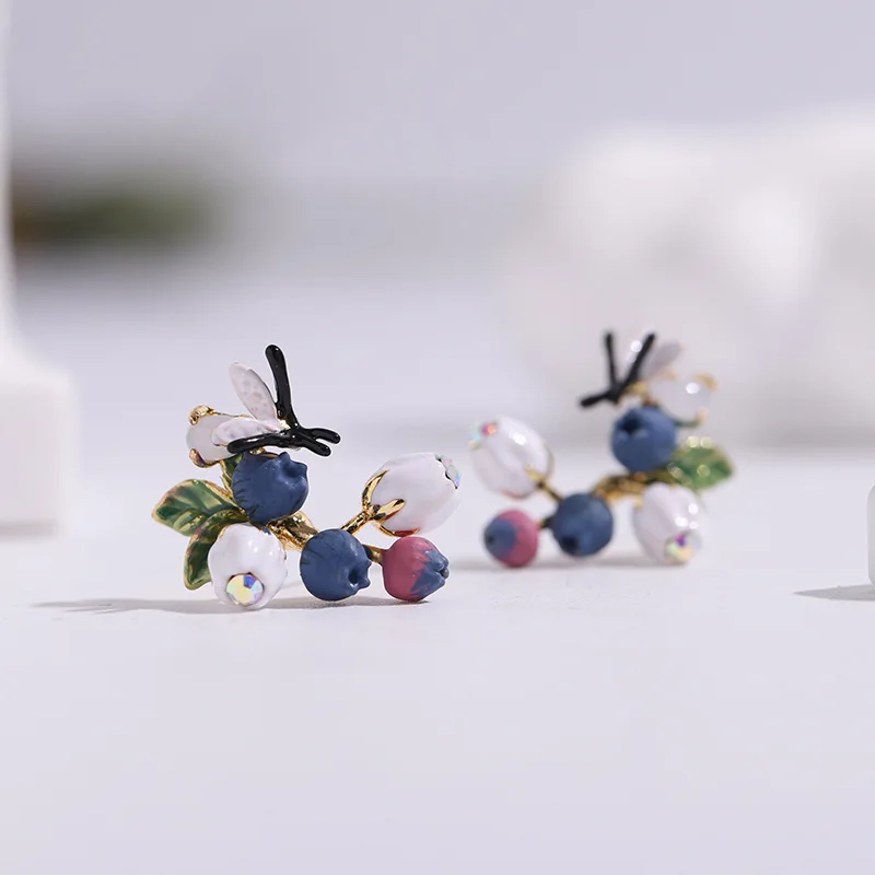 

New in Cute Blueberries Realistic Image White Flowers Fireflies Green Leaves Hand Painted Enamel High End Sense Stud Earrings