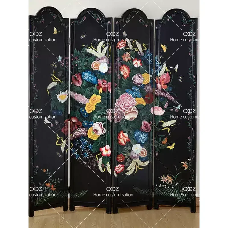 Solid Wood Foldable Room Divider Screen for Living Room Entrance Retro Style Movable Partition Background Wall Decor
