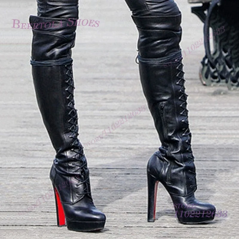

Women's Black Tight-Fitting Stretch Chunky Heel Boots Cross Straps Knee-High Round Toe Shoes Red Heel Zipper Casual Party Shoes
