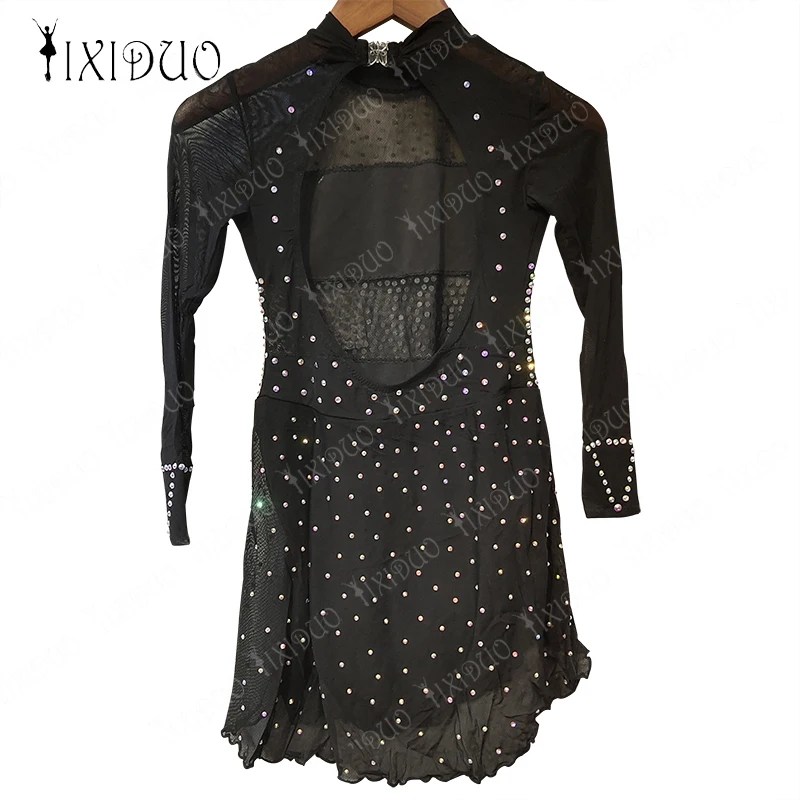 Justaucorps Aqthmique à manches longues pour femmes et filles, robe de patinage artistique, jupe noire brillante, bijoux faits à la main, performance sur scène