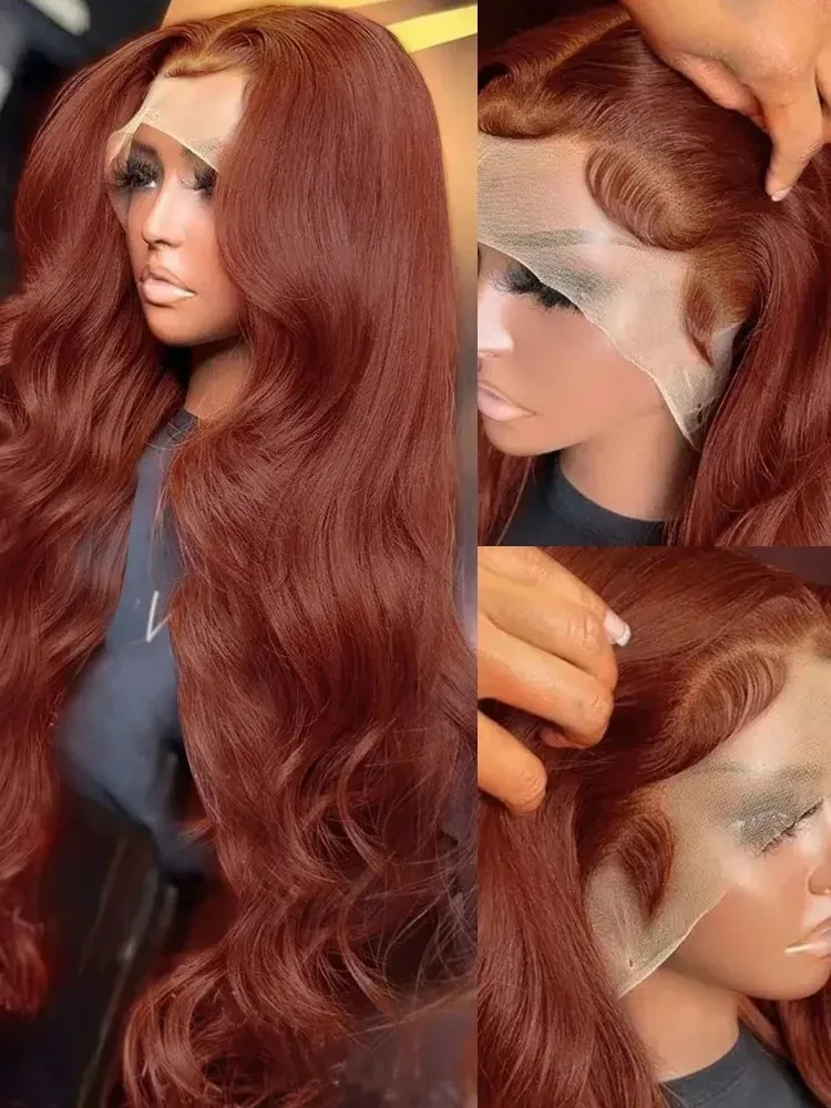 Gelombang tubuh 40 inci 13x6 HD coklat kemerahan renda rambut manusia Wig ketebalan 200 Wig renda depan Remy Brasil untuk wanita