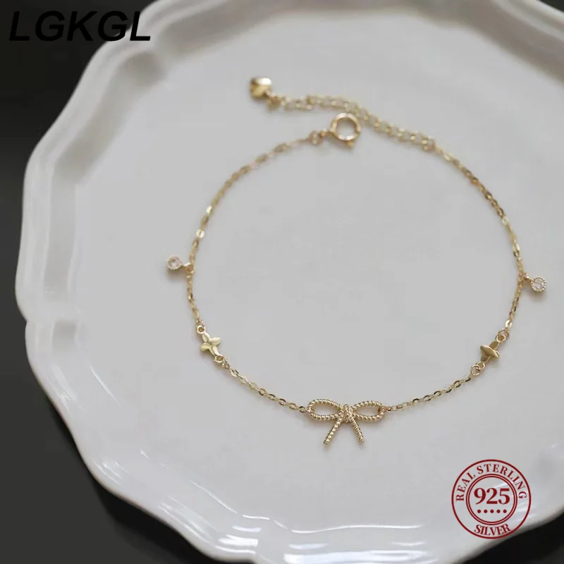 

LGKGL 100% 925 sterling silver bow bracelet with 14K gold plated four-leaf clover thin cross simple new style