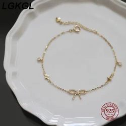LGKGL 100% 925 sterling silver bow bracelet with 14K gold plated four-leaf clover thin cross simple new style