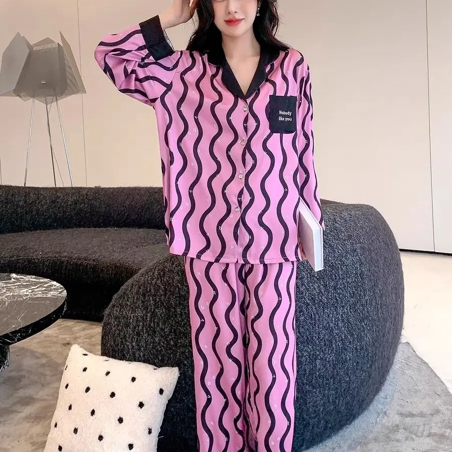 Luxury Pijamas Women 2025 Spring and Autumn Sleepwear Women Ice Silk Striped Long Sleeve Homewear