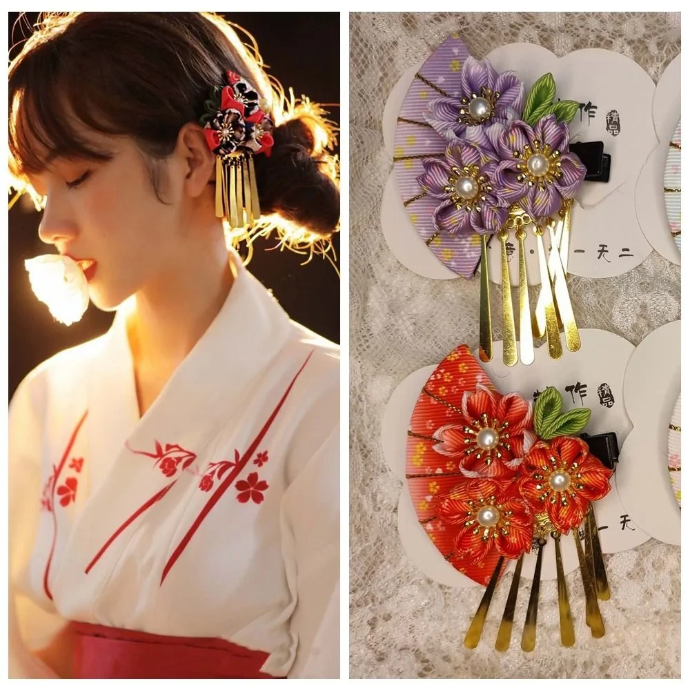 Lovely Tassel Fan Hairpin Sakura Flower Japanese Kimono Headwear Hanfu Fan Hair Clip Girl Hair Accessories Girls