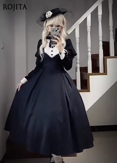 

Lolita Gothic Style Black Long Dress Autumn Palace Puff Long Sleeve Dress Double-Breasted Vest Bowknot Ruffled Collar Dress