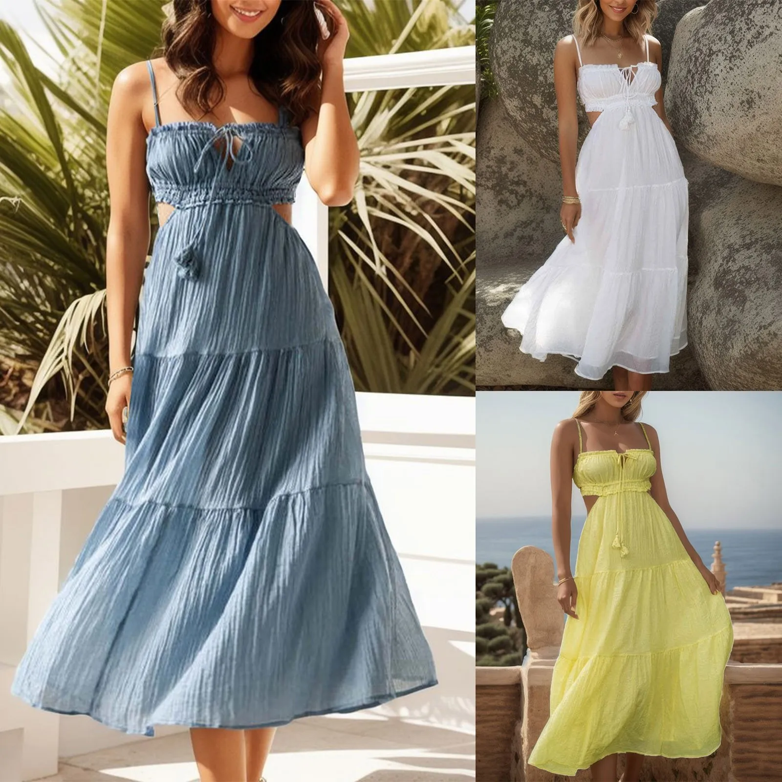 Summer Beach Party Long Dresses Women Ruched Dresses Sexy Backless Bandage Chiffon Sling Dress Casual A Line Dresses For Women