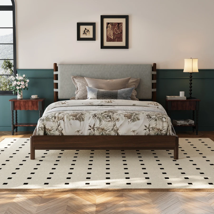 Premium Rubber Wood Platform Bed Frame, Queen Bed Frame with Headboard Included, Mid Century Modern Bed With Walnut+Light Grey